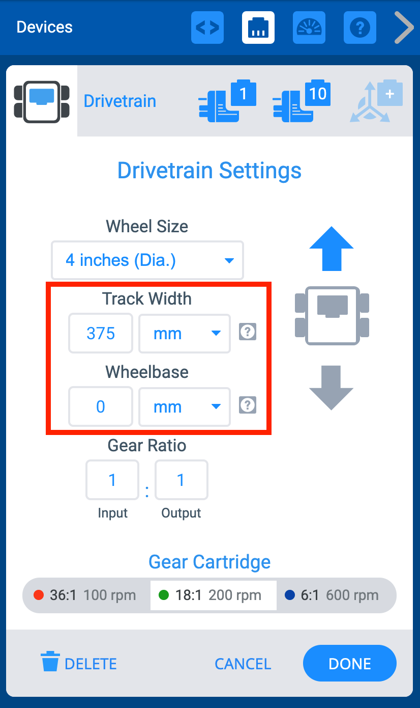 Diagramma, kurā parādīti V5 sacensību robotu izmēri, ilustrējot galvenos mērījumus un specifikācijas, kas attiecas uz projektēšanu un būvniecību.