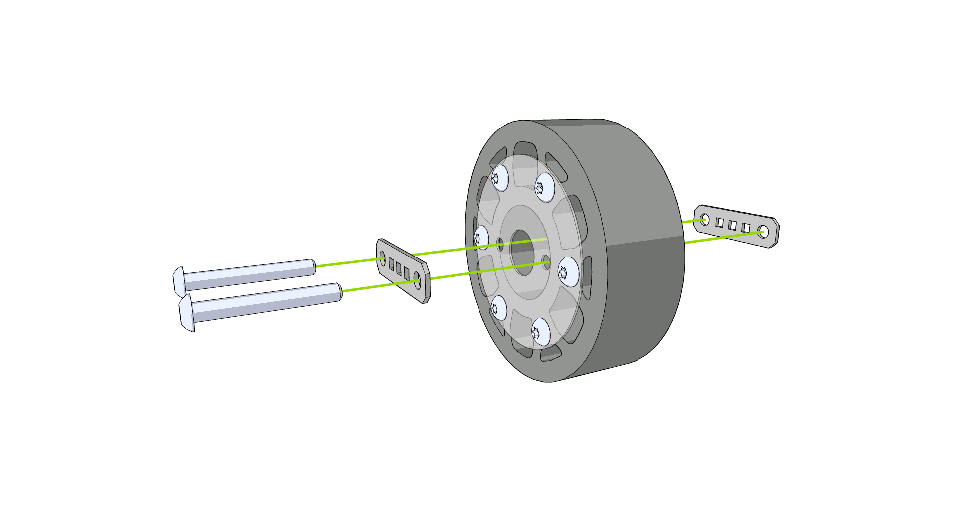 V5 競技用ロボットにロック バーを取り付けるプロセスを示す図。組み立て時のコンポーネントの正しい配置と位置合わせを強調しています。