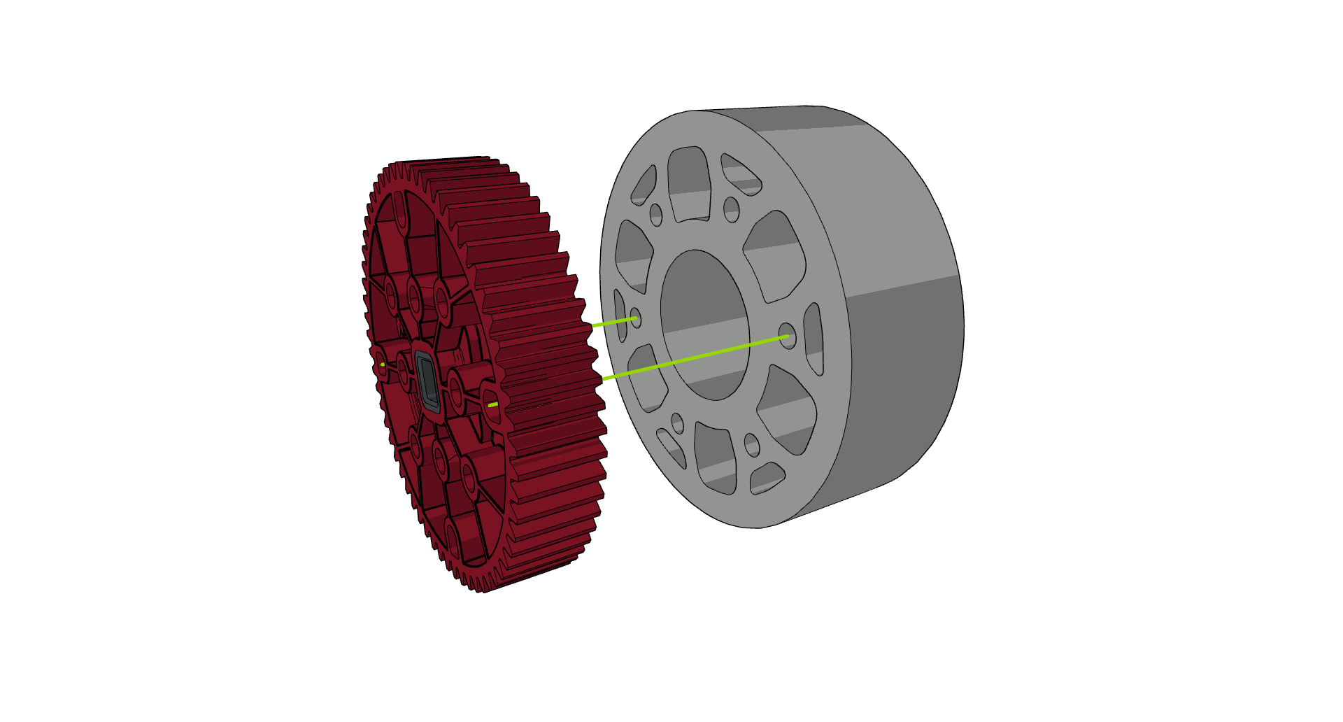 Attēls, kurā parādīta divu caurumu izlīdzināšana uz zobrata ar Flex Wheel, ilustrē V5 sacensību robotu montāžas procesa 1. darbību.