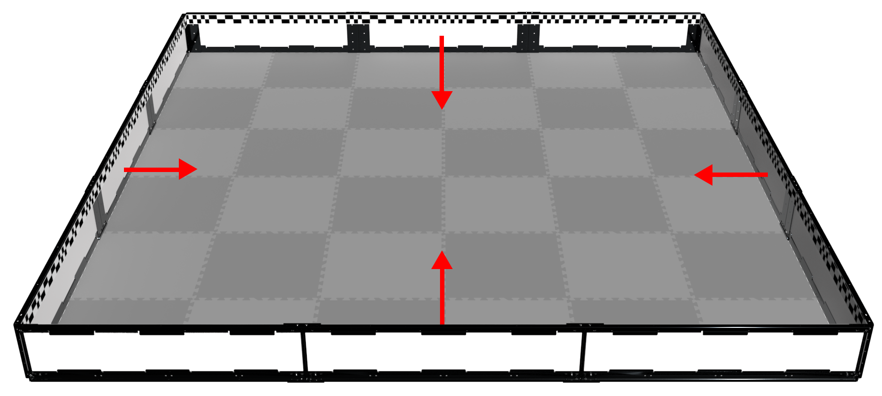 VEX Robotics Competition žaidimo lauko diagrama su kryptinėmis rodyklėmis, rodančiomis roboto judėjimą ir taškų skaičiavimo zonas, iliustruojančiomis varžybų robotų išdėstymą.