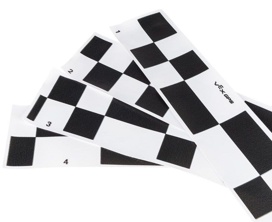 Immagine delle strisce GPS utilizzate nei robot da competizione VEX Robotics, che ne illustrano il design e le caratteristiche per la navigazione e il posizionamento in contesti competitivi.