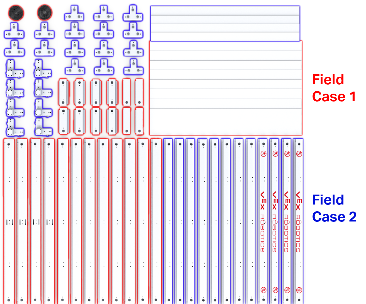 Diagrama que muestra partes individuales de los robots de competición VEX V5, ilustrando varios componentes y su disposición para competiciones de robótica.