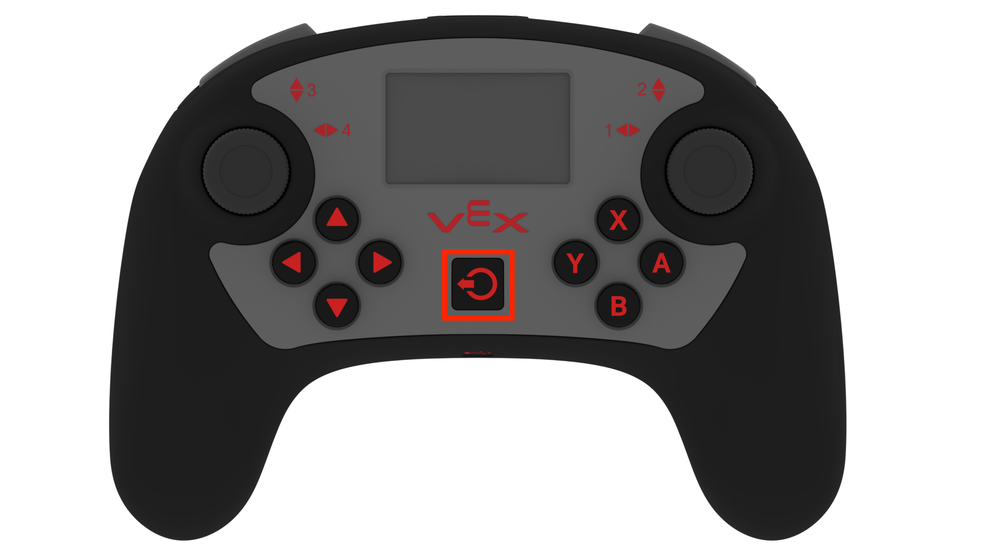 Afbeelding van de aan/uit-knop van de VEX V5-controller, met de locatie en het ontwerp van de aan/uit-knop op de controller, relevant voor wedstrijdrobots.