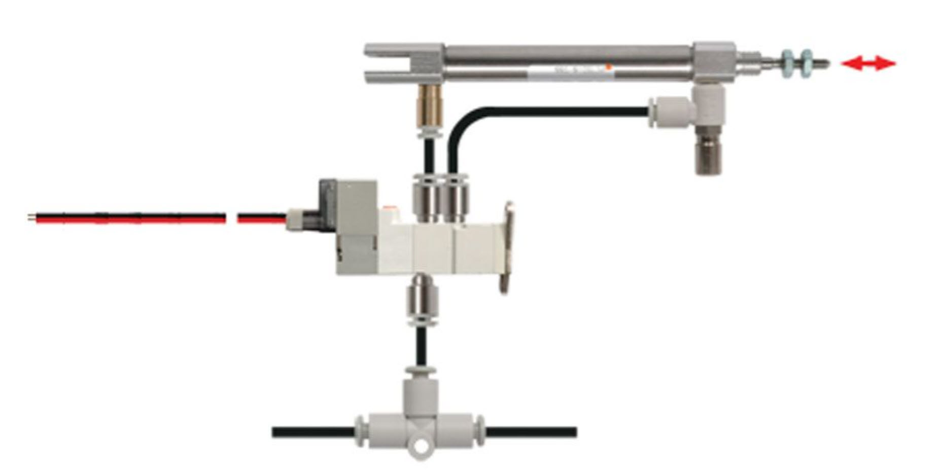 Kaavio VEX V5 Legacy Pneumatics -komponenteista, havainnollistaen eri osia ja niiden liitäntöjä koulutusrobotiikkasovelluksiin.