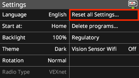 Captura de tela da opção 'Redefinir todas as configurações' na interface dos robôs de competição VEX V5, ilustrando o botão e seu rótulo para restaurar as configurações padrão.