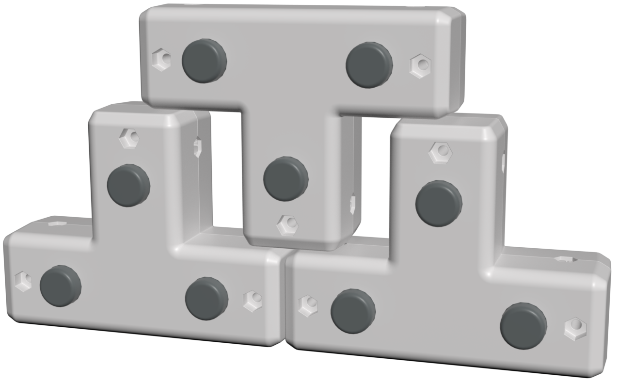 Diagrama de um conector T usado em robôs de competição V5, ilustrando seu design e pontos de conexão para montagem de robótica.