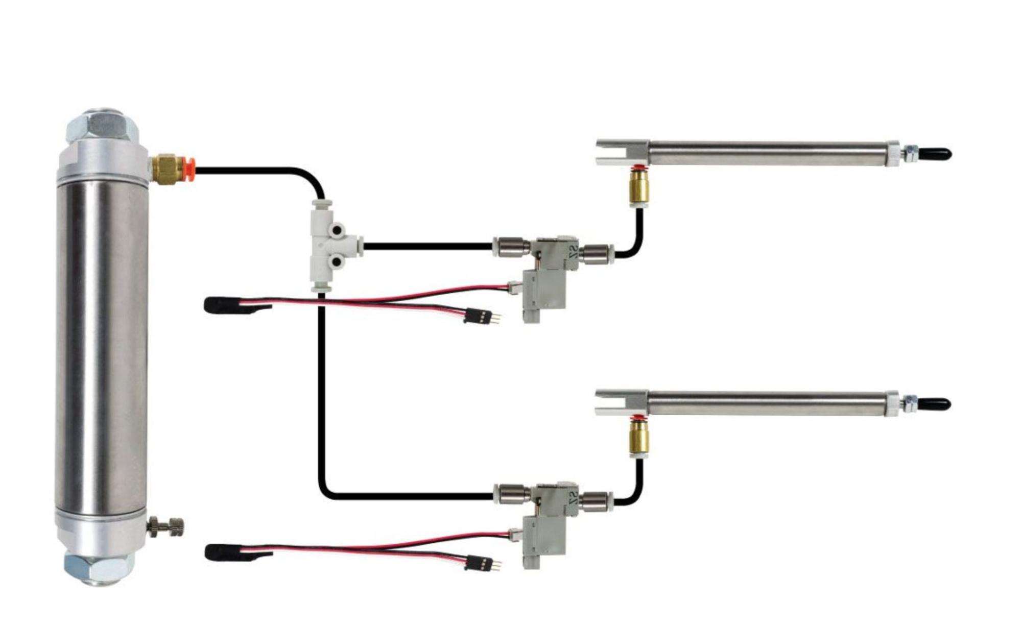 Robotik projelerde etkili uygulama için önemli parçaları ve bağlantıları vurgulayan, V5 Legacy Pneumatics sisteminin bileşenlerini ve düzenini gösteren diyagram.