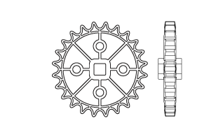 Đĩa xích 6P được hiển thị từ phía trước và bên cạnh. Những mảnh Sprocket này lớn hơn một chút.