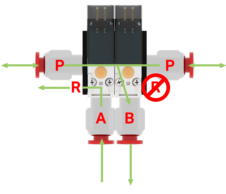 Diagrama que ilustra los componentes de V5 Pneumatics, mostrando varias partes y sus conexiones, utilizados con fines educativos en el diseño y la funcionalidad de la robótica.