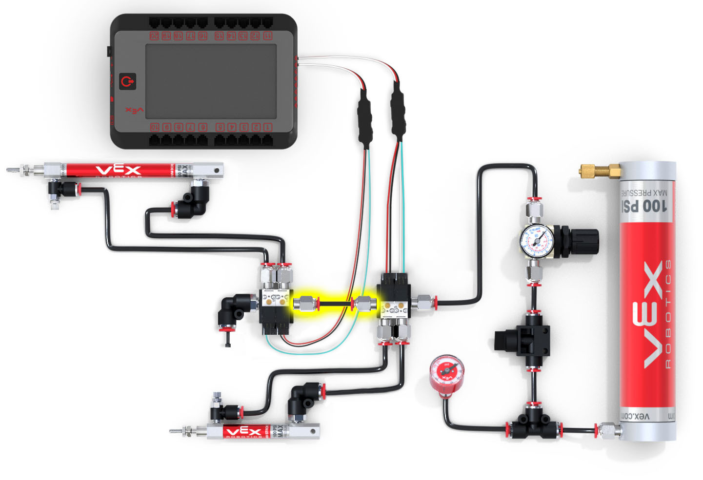 Diagram met de componenten van V5 Pneumatics, waaronder diverse sensoren en actuatoren, en de opstelling en aansluitingen ervan voor educatieve doeleinden.
