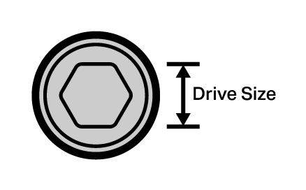 Diagram sekrup dari atas ke bawah, menunjukkan bahwa Ukuran Penggerak adalah panjang area yang bersentuhan dengan obeng.