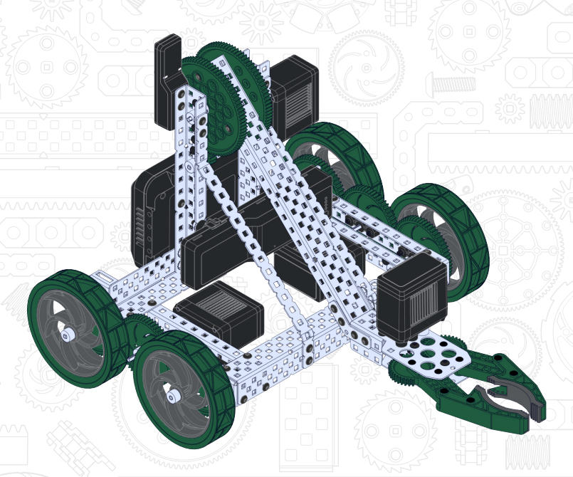 V5 Legacy Clawbot konstrukcijos schema, kurioje naudojamos standartinės „Sprocket“ dalys.