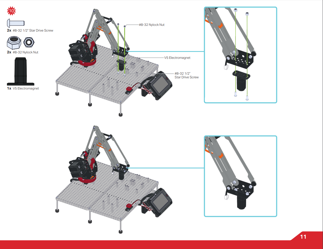 La página de instrucciones de construcción V5 utilizó un ejemplo; esta página muestra la fijación de piezas de tornillo Star Drive conectadas con piezas de tuerca Nylock.