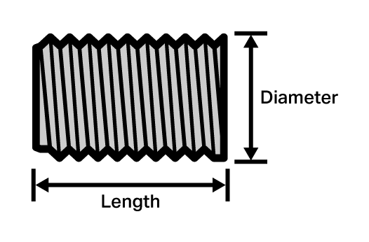 แผนผังของสกรูที่ไม่มีหัวและพร้อมตัวอย่างการวัดเส้นผ่านศูนย์กลางและความยาวที่ติดป้ายกำกับ