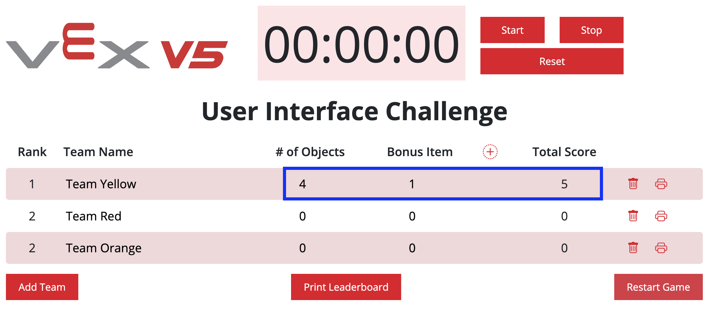 VEX V5-klassement met een rij aangepaste scores gemarkeerd, wat aangeeft dat alle scores automatisch worden opgeteld om de totaalscore te bepalen.