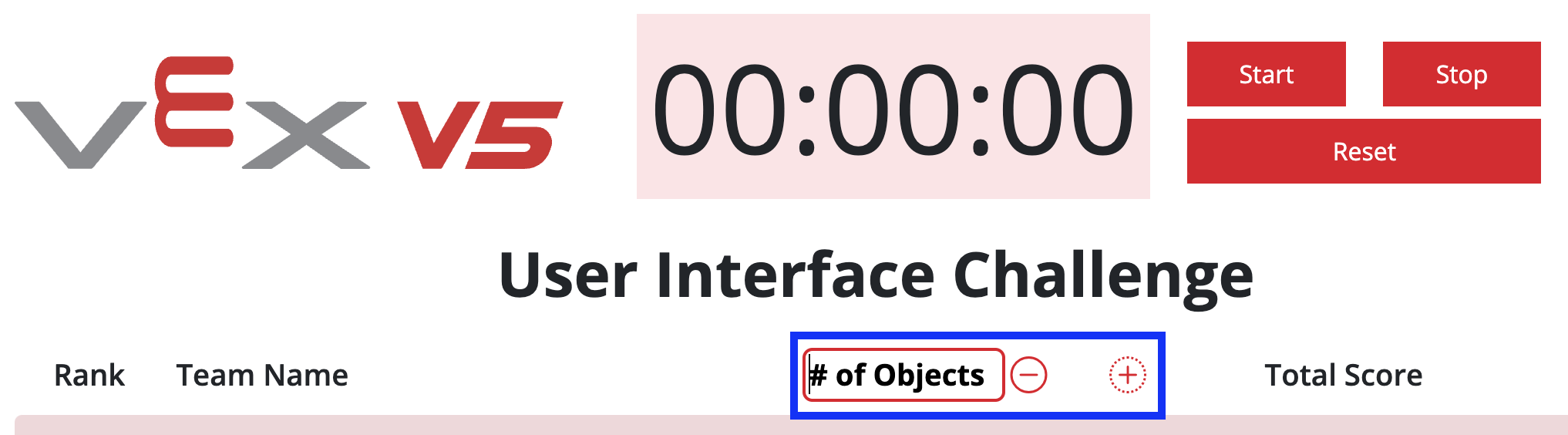 VEX V5 lyderių lentelė su paryškintomis pliuso ir minuso piktogramomis. Šias piktogramas galima naudoti norint pridėti ir pašalinti balų stulpelius.