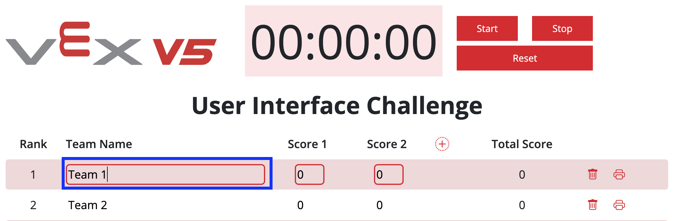 VEX V5 Liderlik Tablosu, bir takımın isminin seçilip vurgulandığı ve özelleştirilebildiğini gösterir.