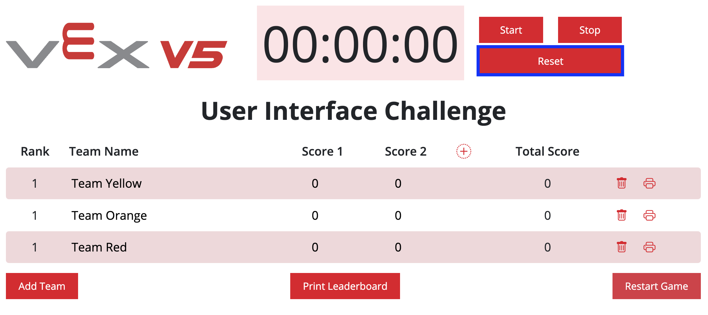 Classifica VEX V5 con il pulsante Reset evidenziato a destra del timer.