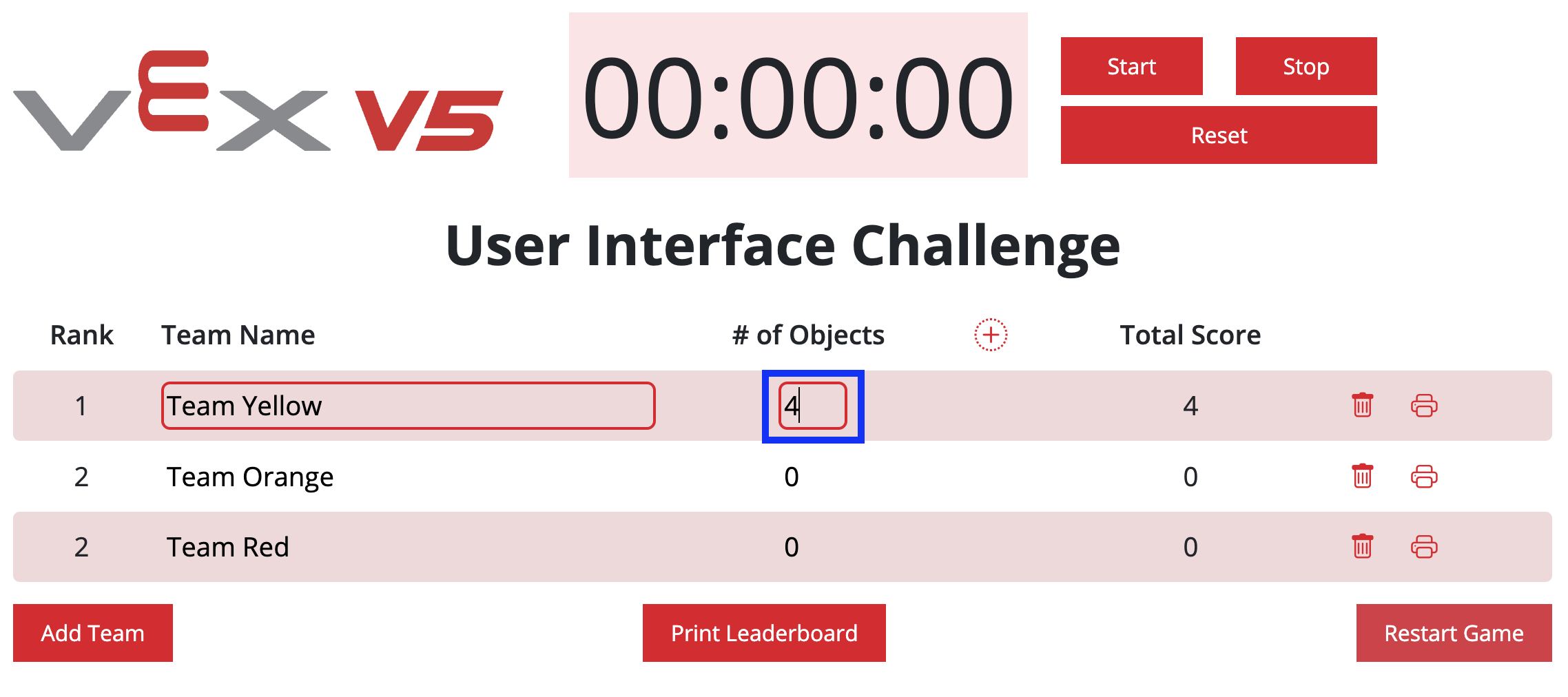 VEX V5-klassement met een specifieke score geselecteerd en gemarkeerd, wat aangeeft dat de scores kunnen worden bewerkt.