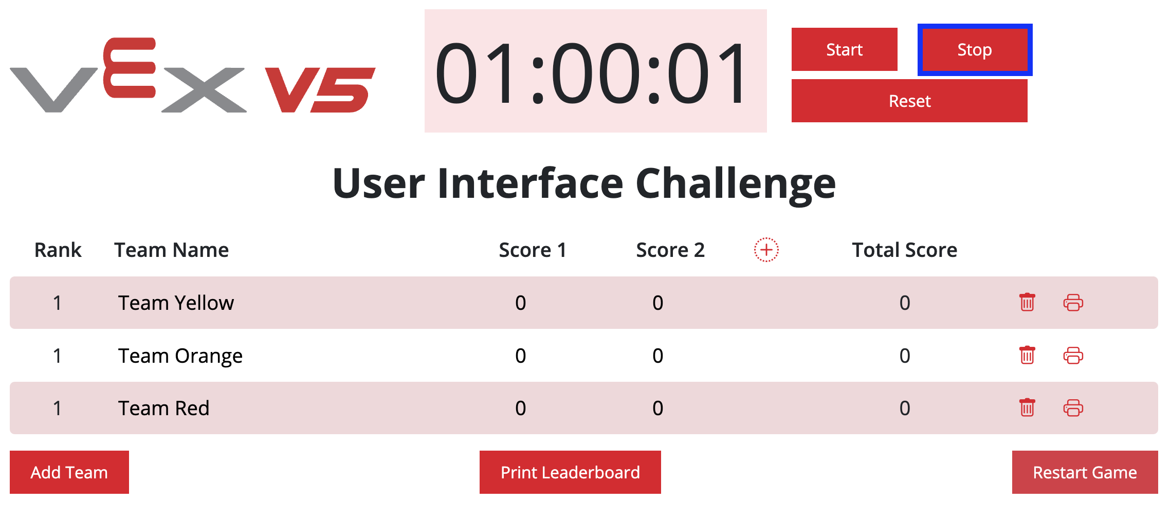 VEX V5 Bestenliste mit hervorgehobenem Stopp-Button rechts neben dem Timer.