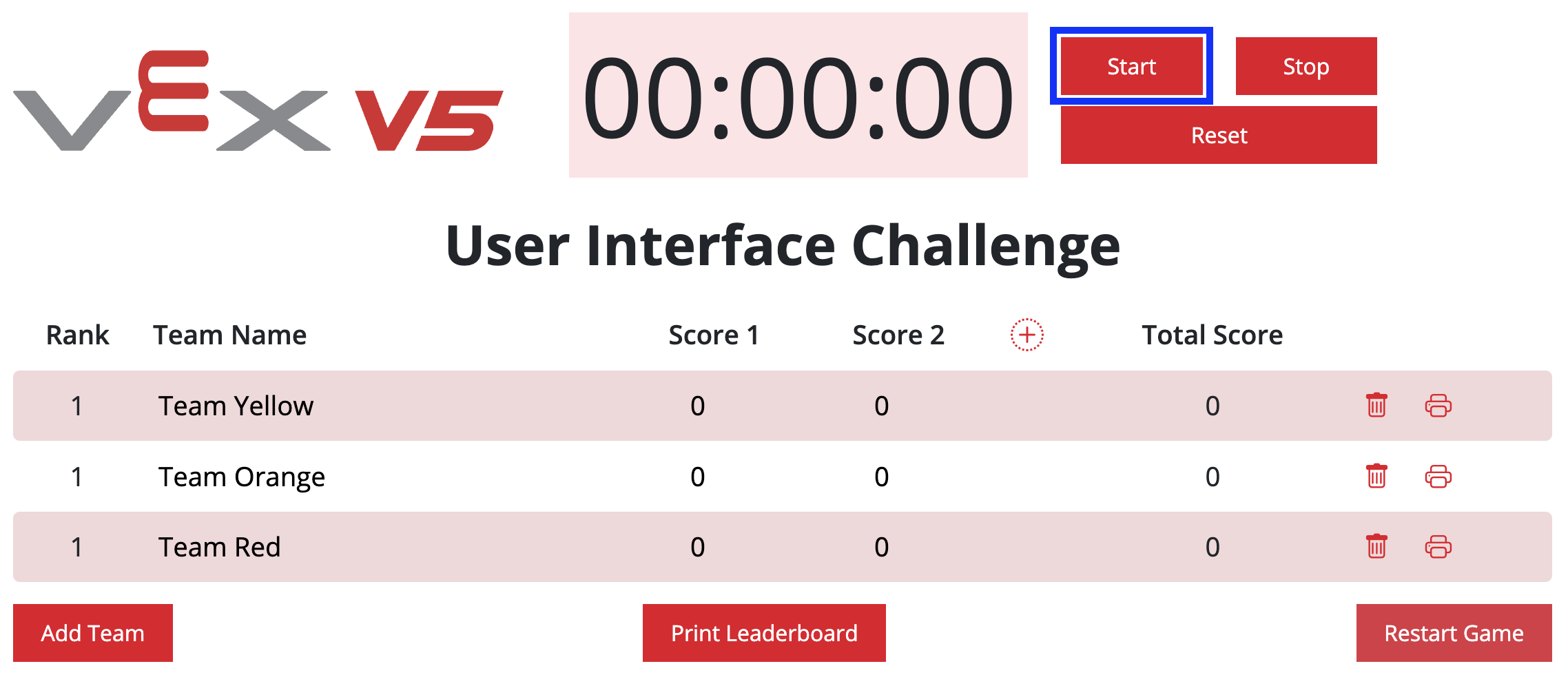 Classement VEX V5 avec le bouton Démarrer mis en évidence à droite du chronomètre.