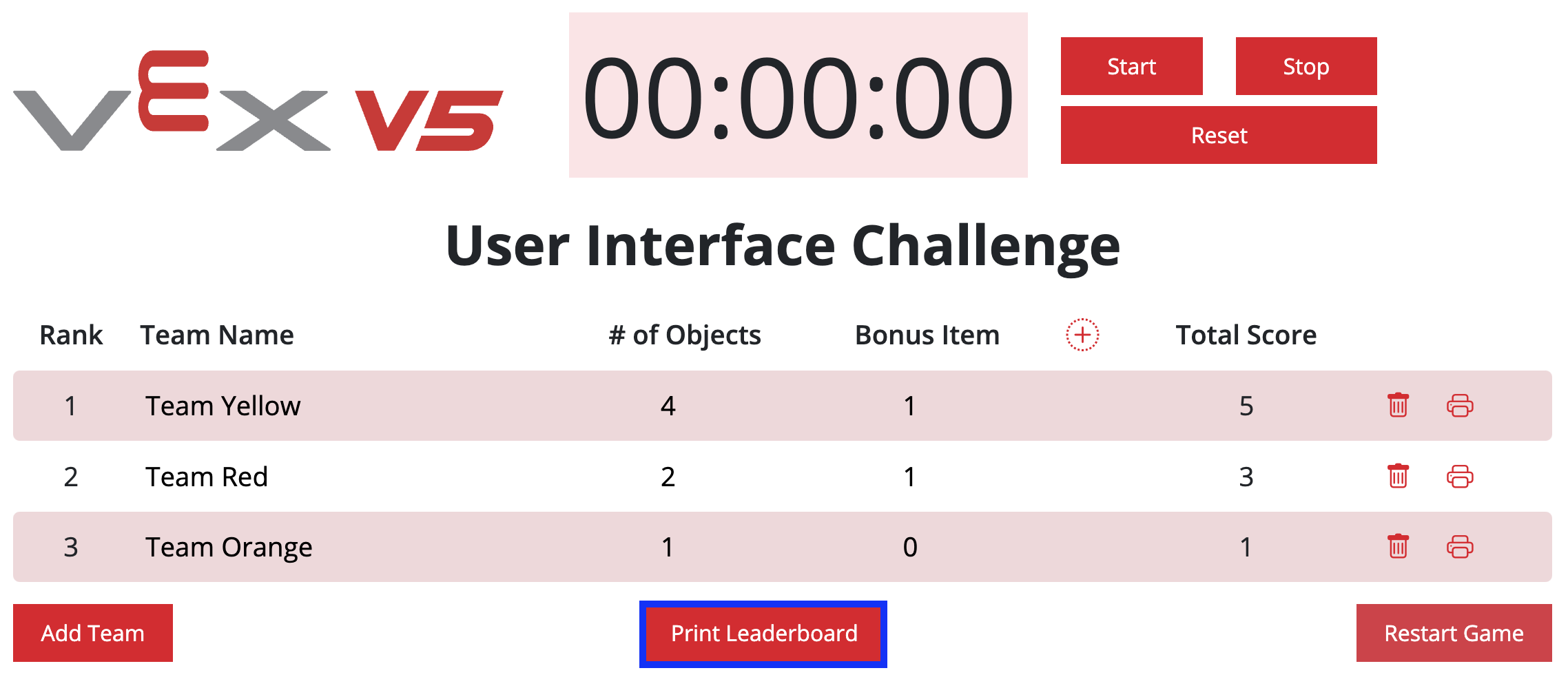 Classement VEX V5 avec le bouton « Imprimer le classement » mis en évidence en bas de la page.