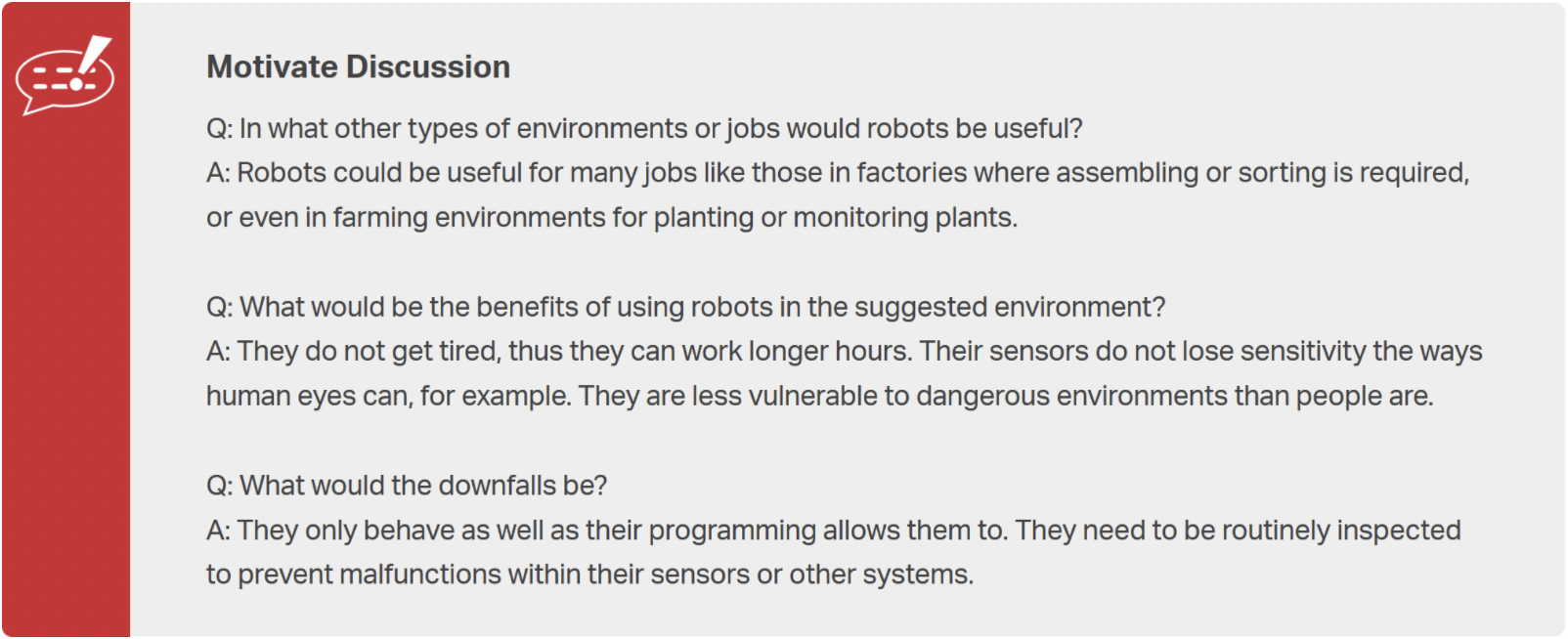 例として使用されている Motivate Discussion 教師用メモのスクリーンショット。