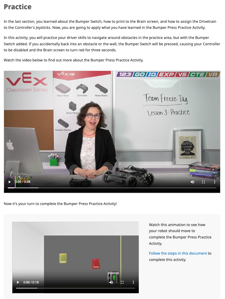 Screenshot della sezione Pratica di una lezione di laboratorio STEM VEX V5, per illustrare il formato tipico di una pagina Pratica.