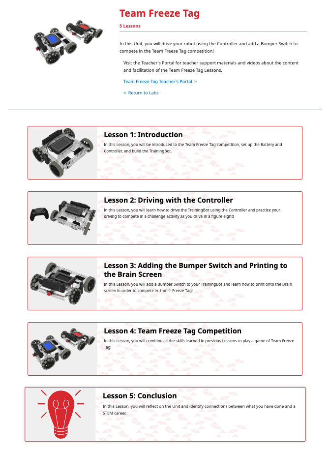 L'unità di laboratorio STEM V5 del Team Freeze Tag è stata aperta per consentirti di visualizzare le sue 5 lezioni qui sotto. Ogni lezione è dotata di un'anteprima accattivante e di una descrizione del contenuto della lezione.