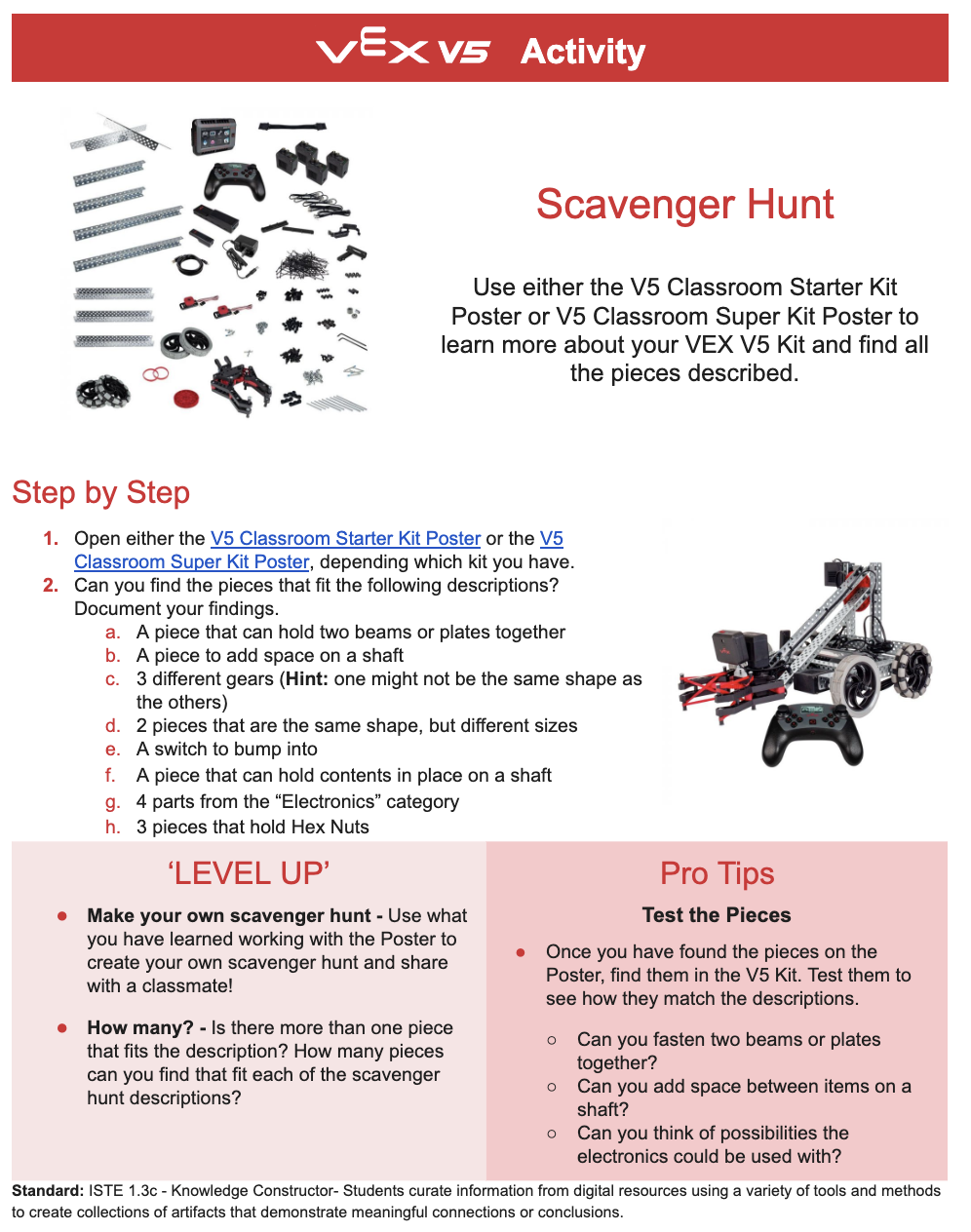 ภาพหน้าจอของกิจกรรม VEX V5 Scavenger Hunt แสดงเป็นตัวอย่าง
