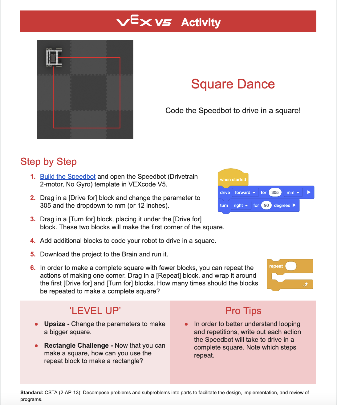 Скриншот упражнения VEX V5 Square Dance, показанный в качестве примера.
