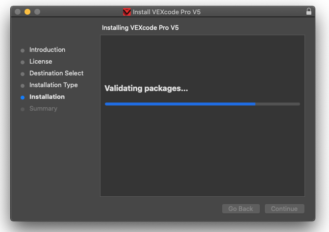 Tangkapan layar proses instalasi VEX V5, menampilkan petunjuk langkah demi langkah dan elemen visual terkait dengan pengaturan sistem V5.