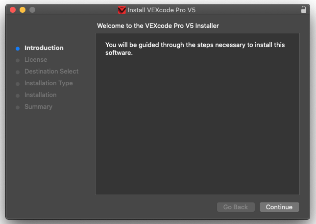 VEX V5 インストール プロセスのスクリーンショット。V5 システムのセットアップに関連する手順ごとの説明と視覚的な要素が表示されます。