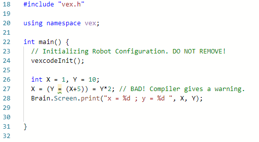 Mensaje de error que se muestra en una pantalla que indica que no se puede cambiar una variable en la programación VEX V5, con un símbolo de advertencia rojo y texto descriptivo.