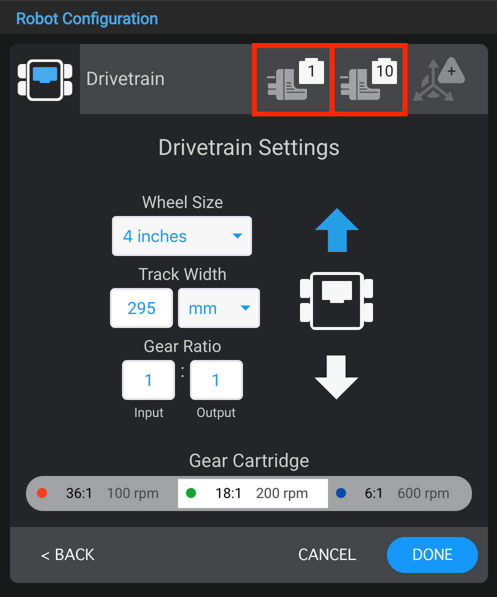 Schéma illustrant la configuration d'un robot V5, présentant divers composants et leurs connexions, relatifs à la description de la catégorie V5 dans la section Configuration du robot.