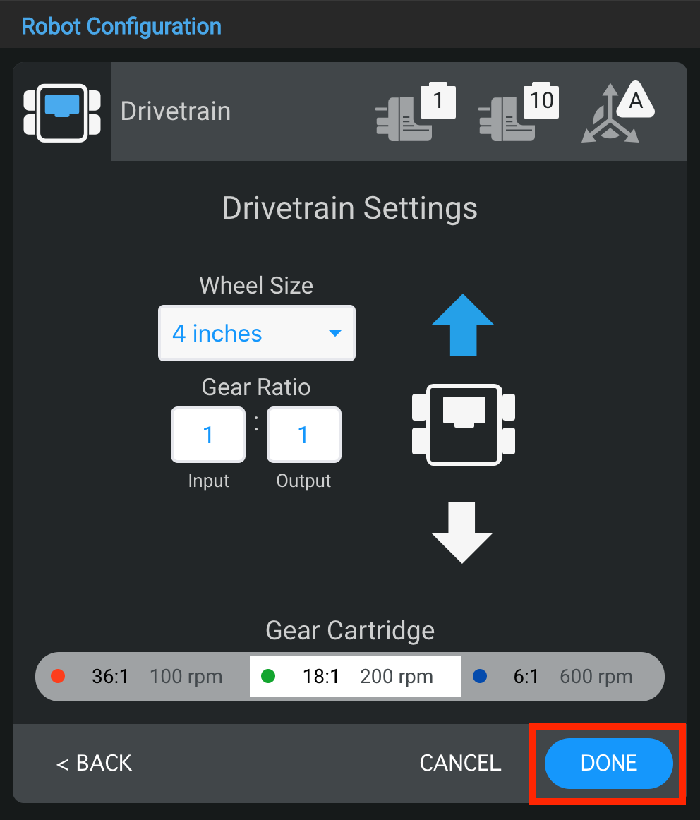 Diagram dat de configuratie van een V5-robot illustreert, met verschillende componenten en hun verbindingen, relevant voor de sectie V5-categoriebeschrijving en robotconfiguratie.