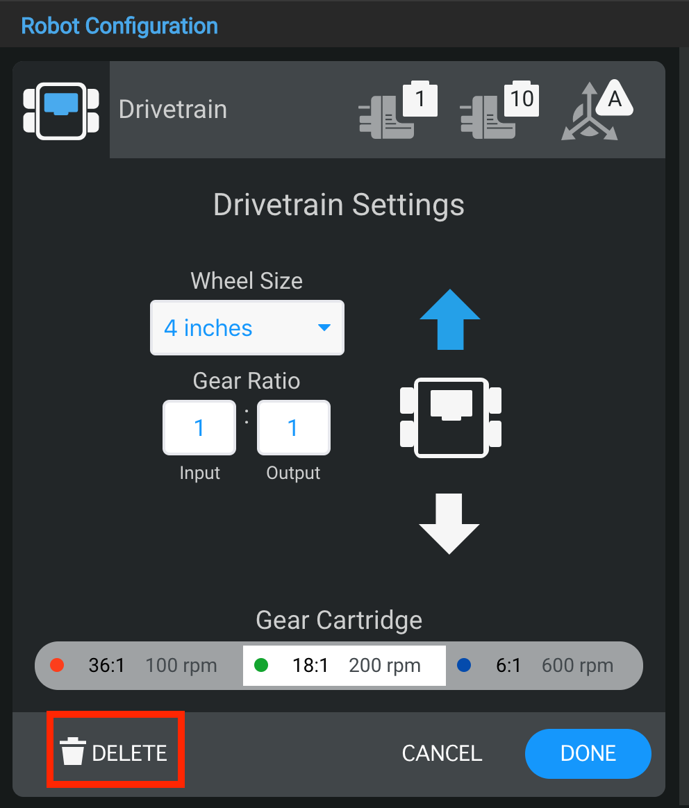 Captura de pantalla de la sección Configuración del robot en la Descripción de la categoría V5, que muestra las opciones de configuración y configuraciones para los sistemas de robótica VEX.