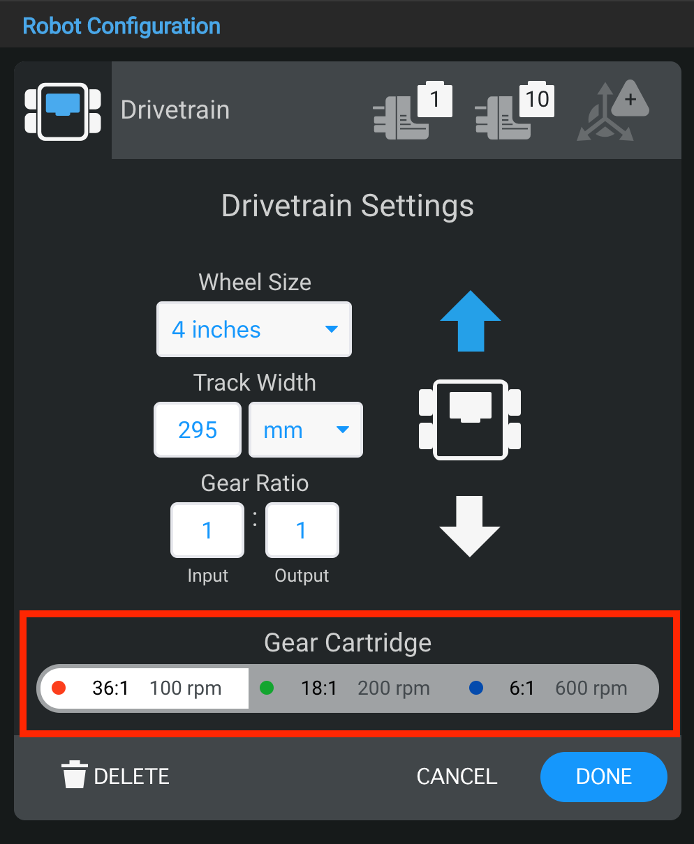 Schéma illustrant la configuration du robot pour la catégorie V5 Description, présentant divers composants et leur disposition dans un système robotique VEX.