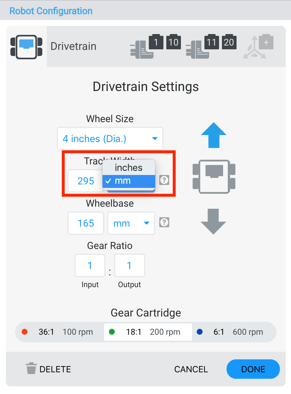 Schéma montrant la configuration de la largeur de piste pour les robots VEX V5, illustrant la mesure et l'alignement des roues pour des performances optimales dans la conception du robot.