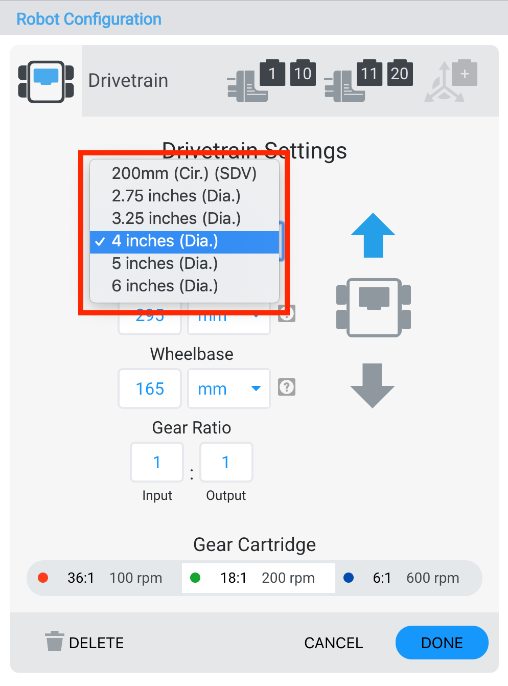Diagrama que muestra la configuración del tamaño de la rueda para la transmisión del robot VEX V5, que ilustra varias opciones de tamaño de rueda y su impacto en el rendimiento del robot en la sección Configuración del robot.