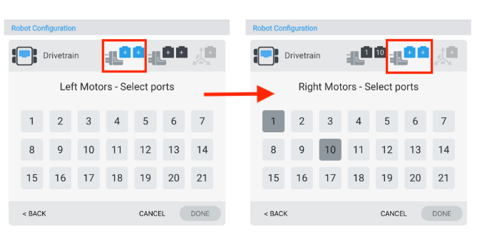 Captura de pantalla de la interfaz de configuración del robot VEX V5, que muestra opciones para seleccionar puertos para varios componentes en el proceso de configuración.