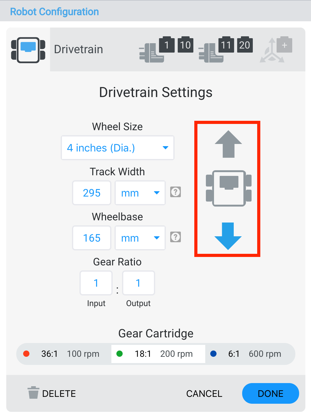 Diagrama que ilustra la configuración inversa de la transmisión de un robot V5, mostrando la ubicación de los motores y las conexiones del cableado para un rendimiento óptimo en operación inversa.