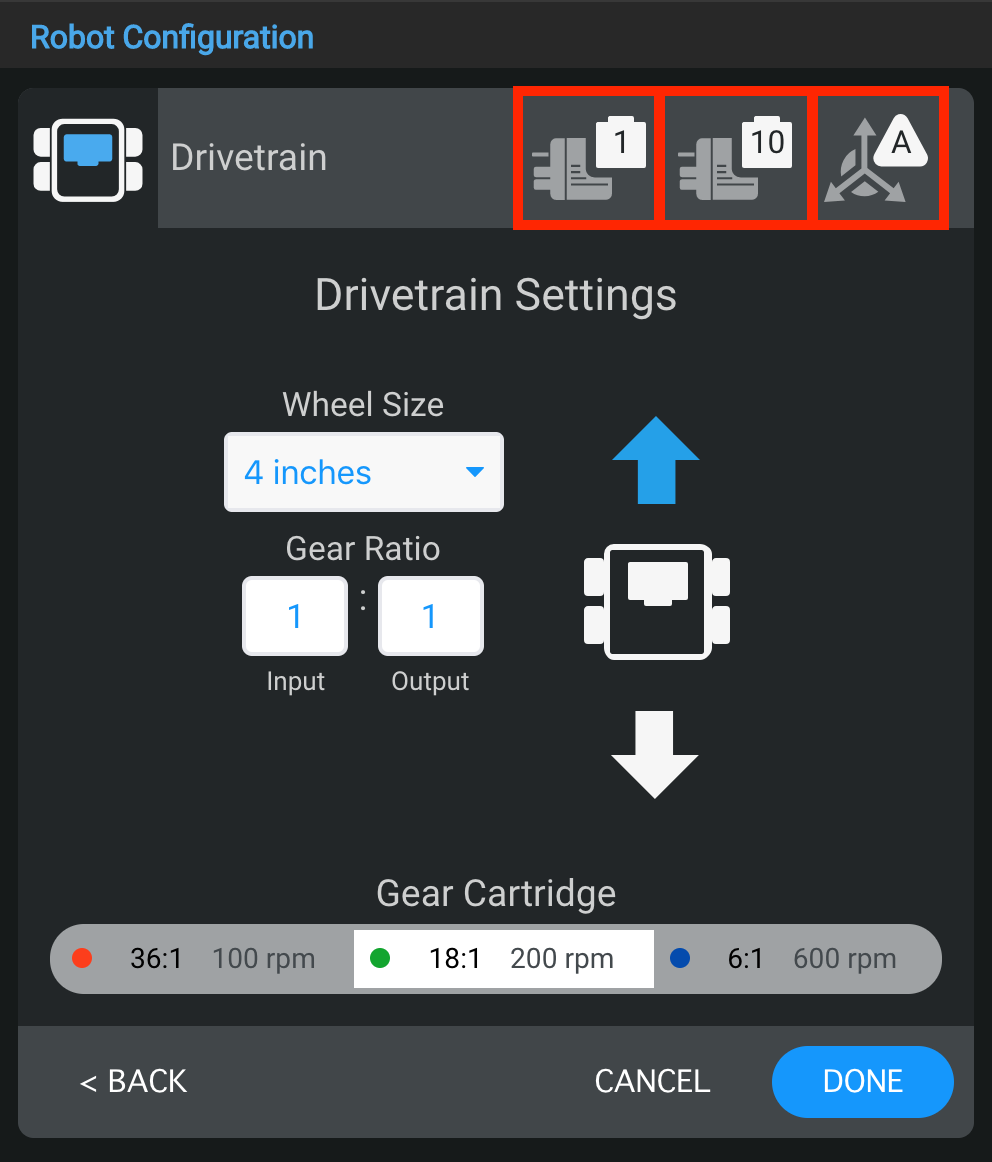 Diagrama que ilustra la configuración del robot para la categoría V5, mostrando los componentes clave y su disposición, relevantes para el artículo sobre robótica VEX.