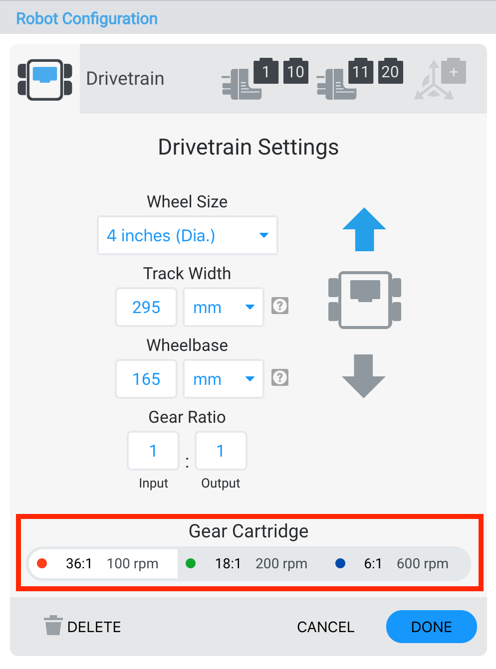 Diagram kartrid roda gigi drivetrain robot VEX V5, yang mengilustrasikan komponen dan konfigurasi untuk kinerja robot yang optimal di bagian Konfigurasi Robot.