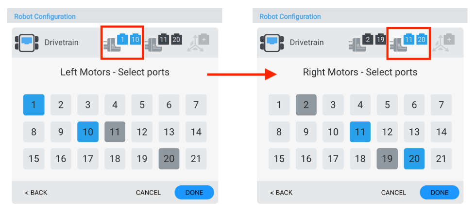 Captura de pantalla de la configuración del robot VEX V5 que muestra los números de puerto y las configuraciones del tren motriz, ilustrando el proceso de configuración para optimizar el rendimiento del robot en el sistema de robótica V5.