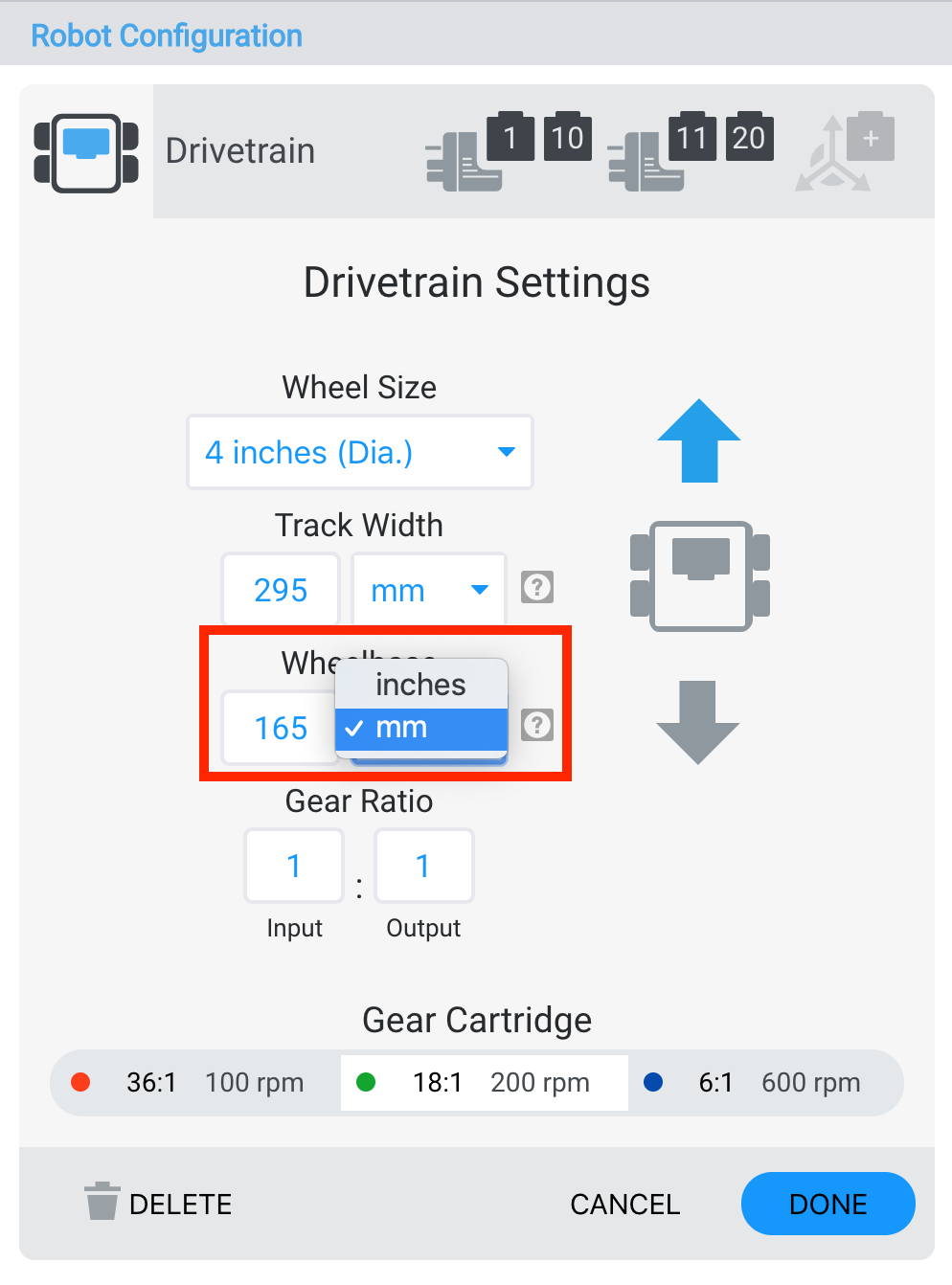Diagrama de una configuración de la distancia entre ejes de la transmisión del robot VEX V5, que ilustra la disposición de las ruedas y los componentes estructurales para un rendimiento óptimo en aplicaciones de robótica.