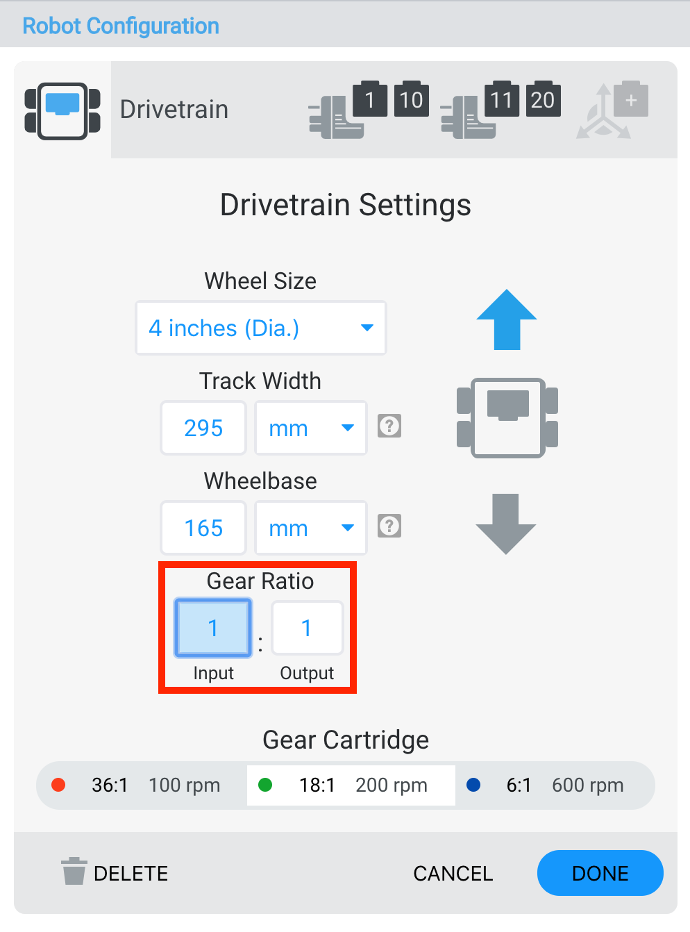 Diagrama que ilustra la relación de transmisión del tren de transmisión para los robots VEX V5, que muestra varias configuraciones de engranajes y sus relaciones correspondientes para optimizar el rendimiento del robot.
