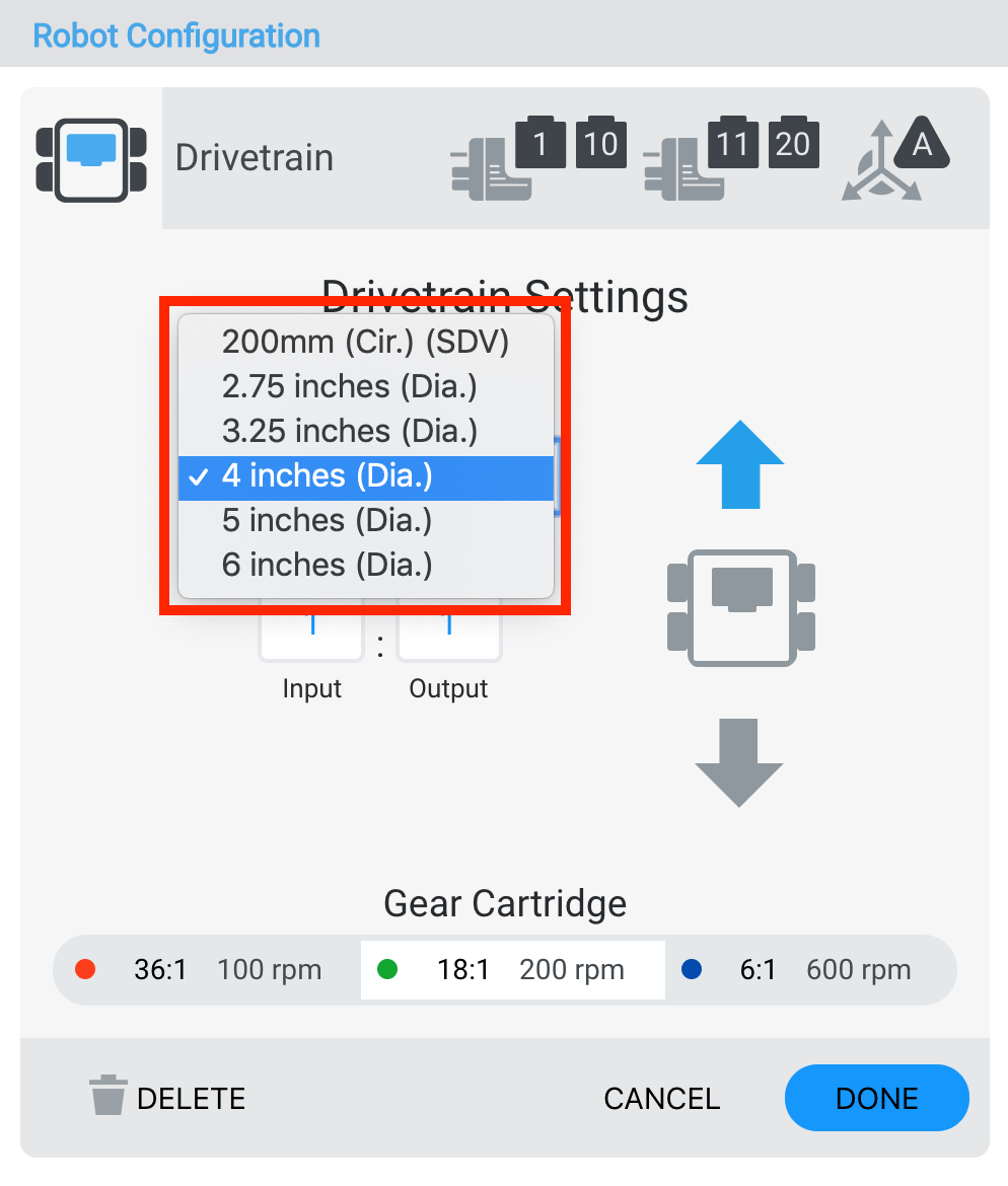 Schéma illustrant le processus de sauvegarde et de modification de la configuration des roues pour les robots V5, mettant en évidence les étapes impliquées dans la modification des paramètres du robot pour des performances optimales.