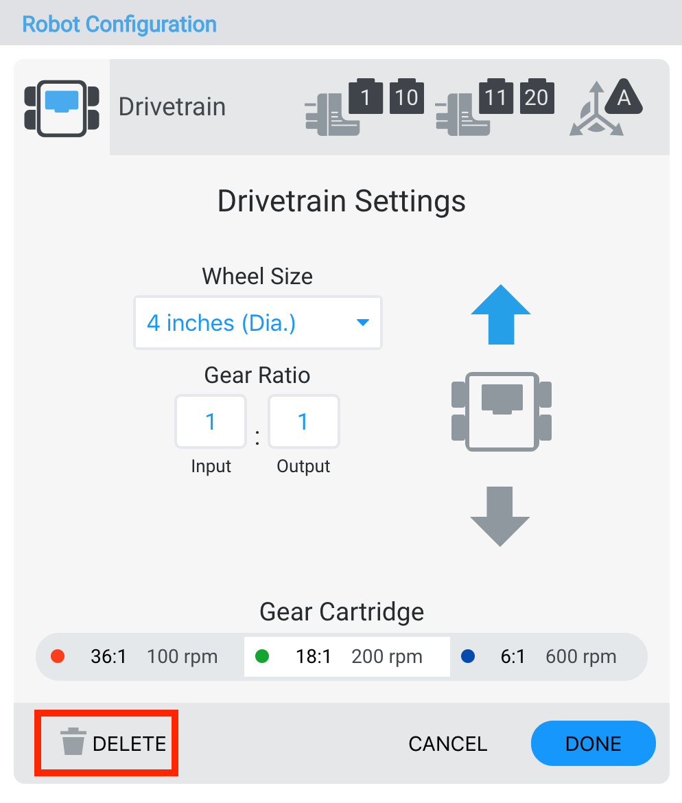 Capture d'écran d'une interface de configuration de robot VEX V5, affichant divers paramètres et options de configuration du robot, y compris les configurations de moteur et les entrées de capteur.