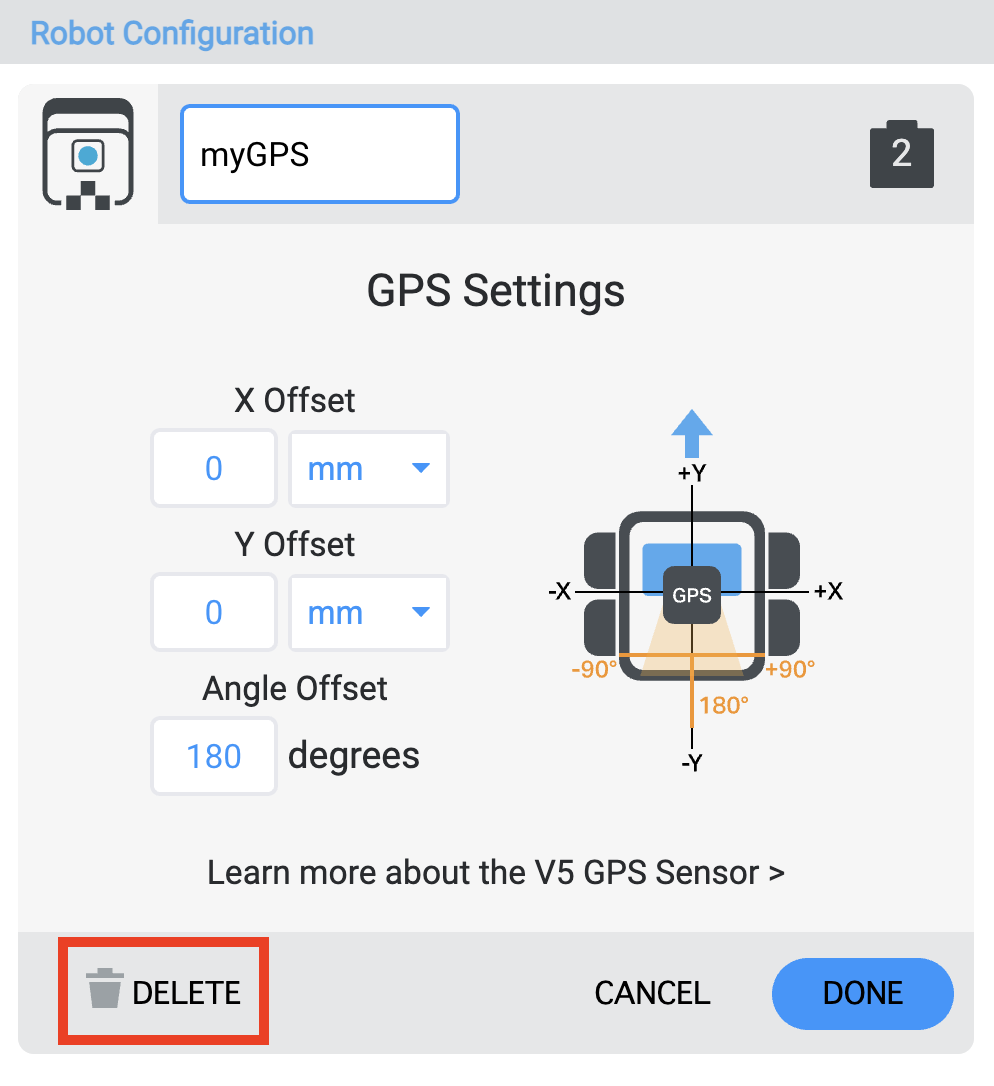 V5-এ একটি রোবট কনফিগারেশন মুছে ফেলার পদক্ষেপগুলি দেখানো চিত্র, মুছে ফেলার বিকল্পটি হাইলাইট করে একটি কলআউট সহ।